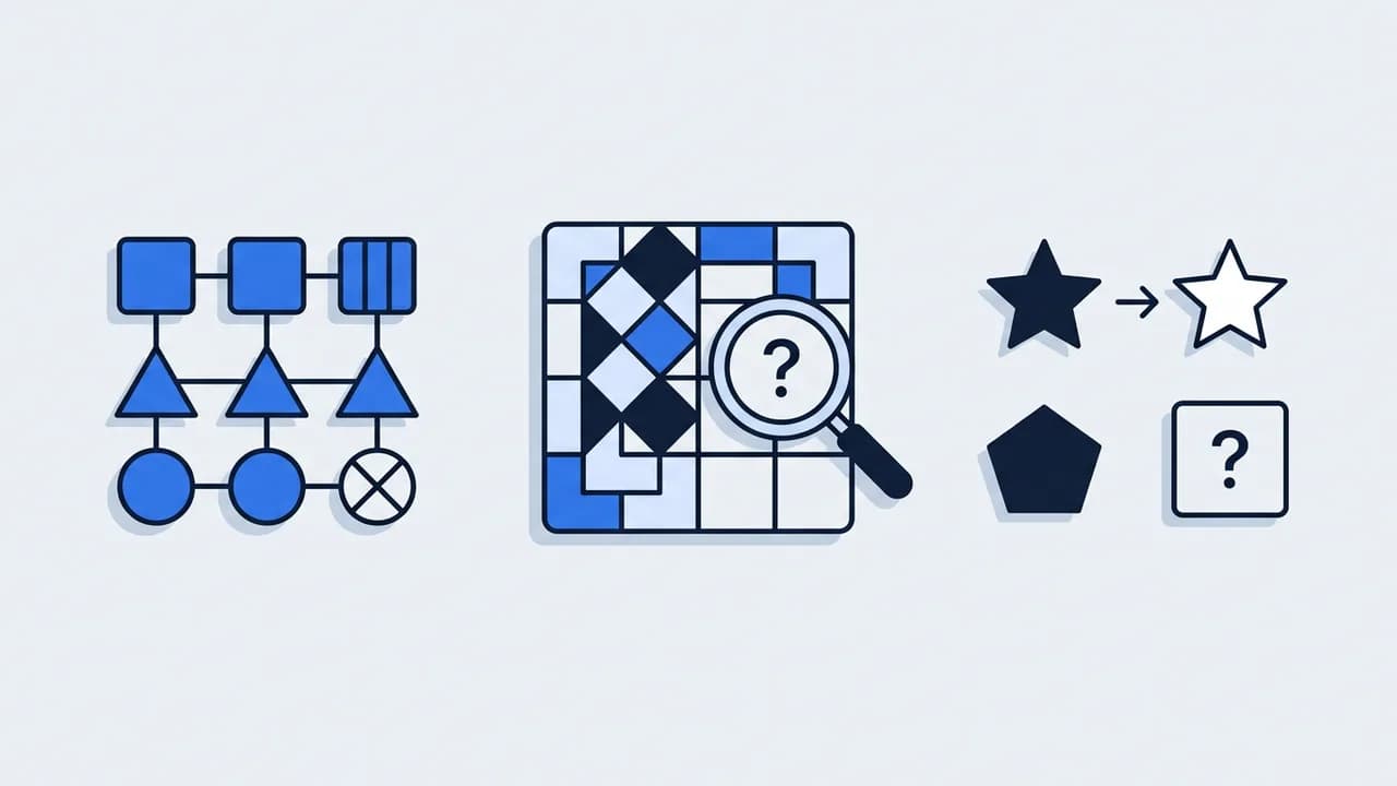 A flat illustration showing a grid of logical geometric sequences for psychometric testing.