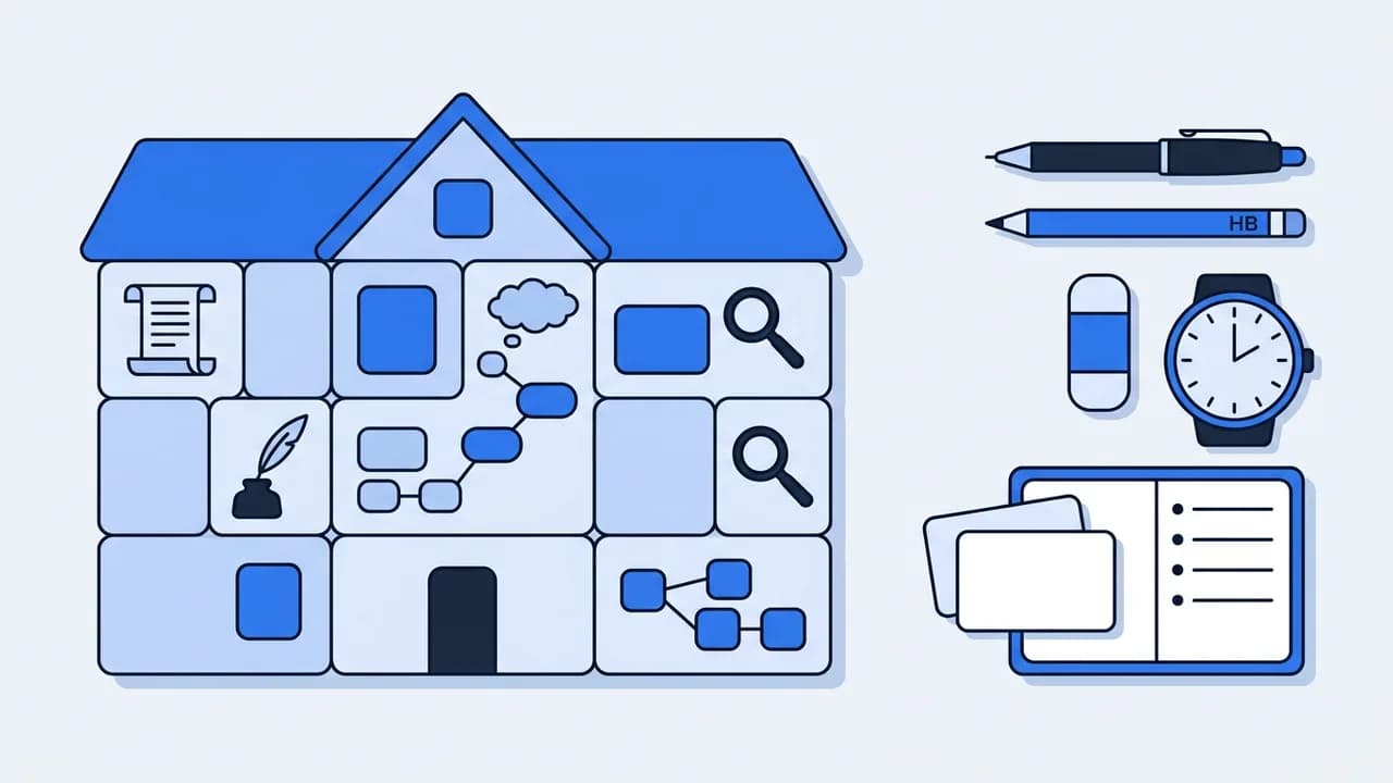 A flat illustration showing a structured memory palace diagram layout for organising information.
