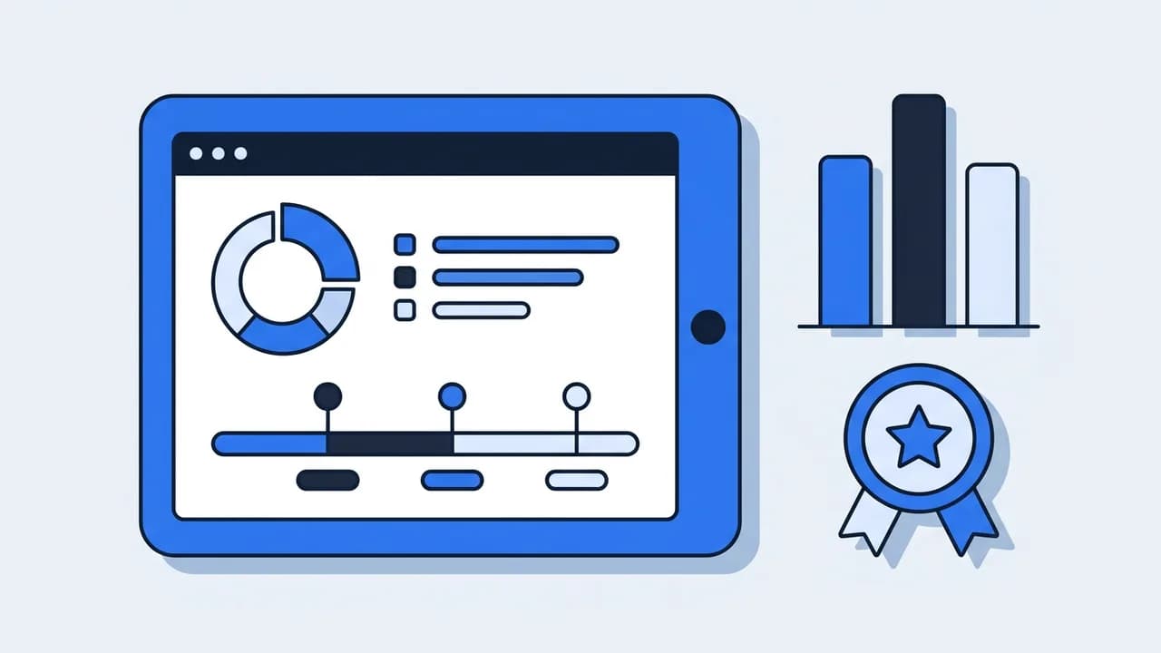 Flat illustration of a digital recruitment interface showing performance metrics and candidate evaluation data.