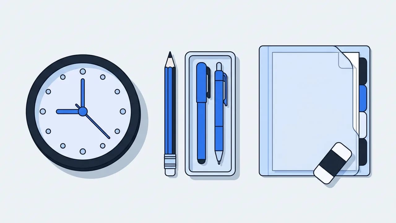 A flat illustration of a neatly organised desk featuring essential exam stationery and writing equipment.
