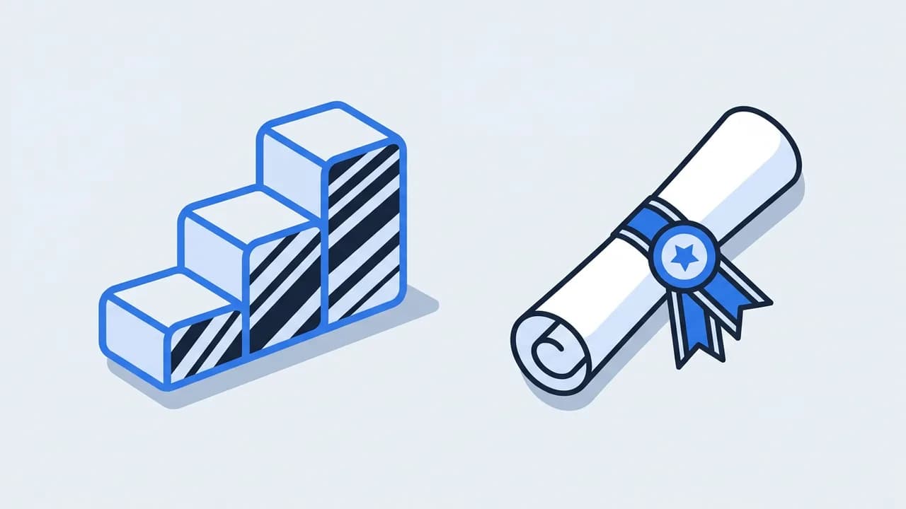 Flat illustration of ascending graphical steps tracking individual performance progress.