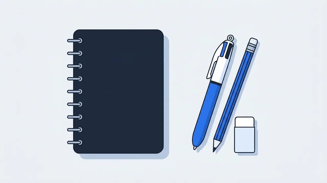 Illustration d’un bureau organisé avec un carnet fermé.